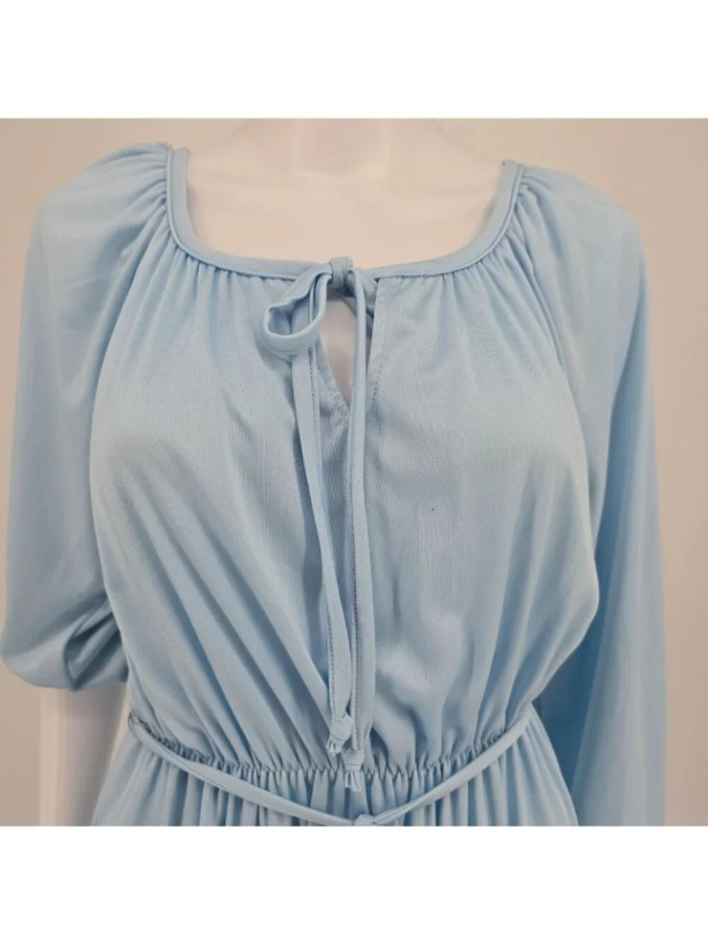 Vintage 1970s Light Blue Elastic Waist Blouson Sleeve Peasant Dress (M)